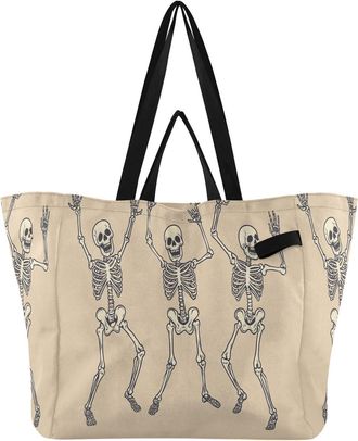 Generic Skeleton Dance Beige pattern Reusable Canvas Tote Bag, Heavy Duty Grocery Shopping Bag with Double Handles Large Capacity Hard Bottom Work Groceries T