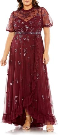 Mac Duggal High Neck Puff Short Sleeve Embellished Faux Wrap in Bordeaux at Nordstrom, Size 18W