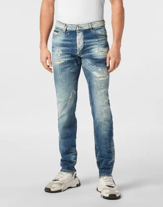 Philipp Plein Super Straight Cut Trousers Paisley Bandana Men in Thunderblue at Nordstrom, Size 36