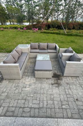 Fimous 9 Seater Rattan Sofa Set Chairs 2 Coffee Table Footstool Outdoor Garden Furniture in Light Grey