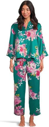 N by Natori Empress - Printed Satin Button Down Pajama Set Womens Pajama Sets Green : M (Womens 10-12), Down/Polyester/Satin
