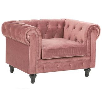 Beliani Sill&oacute;n Chesterfield Tapizado En Tela De Terciopelo Rosa Patas De Madera Oscura Estilo Contempor&aacute;neo Chesterfield
