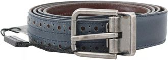 Dolce & Gabbana Mens Blue Perforated Leather Gray Buckle Belt