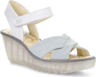 FLY London Yorg Ankle Strap Platform Wedge Sandal in Skyblue/White at Nordstrom, Size 10-10.5Us