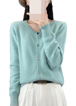 Generic Cashmere Womens Solid Cardigan Crew Neck Sweater Autumn/Winter Thick Knit Cardigan Sweater Mint GN L