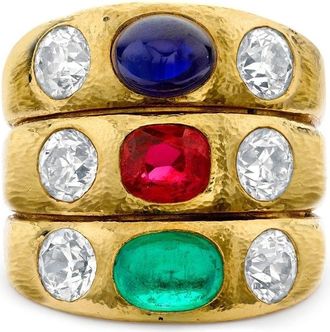 Pragnell 1970 18kt yellow gold gemstone dress ring - women - Blue Sapphire/18kt Yellow Gold/Emerald/Ruby - H 1/2