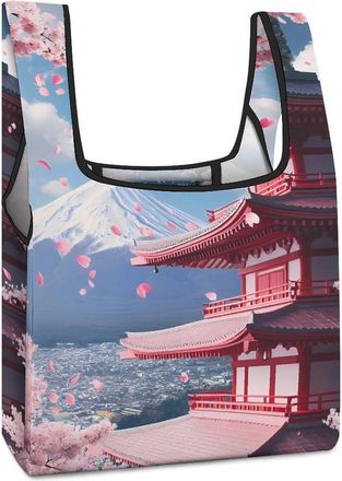 Generic Cherry Flowers Mount Fuji Shopping Bag Reusable Grocery Tote Bag Foldable Handbag for Travel Picnic