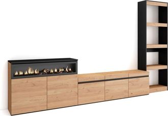 Skraut Home Muebles de salón efecto madera roble y negro 310x35x186cm efecto fuego