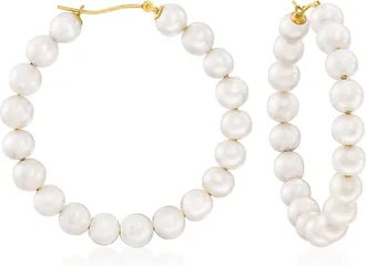 Ross-Simons 6-7mm Cultured Pearl Hoop Earrings in 14kt Yellow Gold