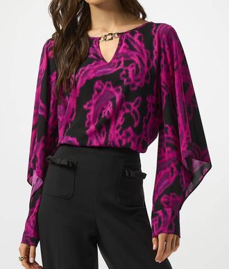 Joseph Ribkoff Paisley Print Georgette Long Sleeves Top In Black/cosmos