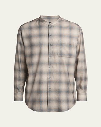 Giorgio Armani Mens Faded Plaid Cotton and Lyocell Nehru-Collar Sport Shirt