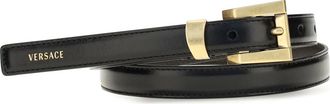 Versace Womens Glossy Leather Logo Print Belt Black-Gold Calf Black/gold