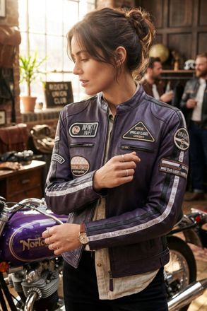 Infinity Leather Dames Biker Racing Badges Paarse Leren Jas-Esdoorn