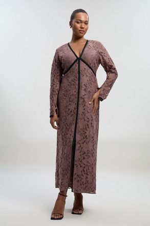 Karen Millen Womens Plus Size Lace with black taping long sleeve woven maxi dress - Taupe Polyamide - Size 24 UK