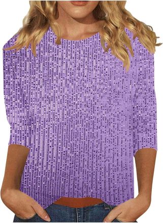 Generic Party Tops for Women UK Sparkly Tops for Women UK Elegant Shimmer Glitter 3/4 Sleeve Crew Neck Evening Shirts Fashoin Going Out Party Tunic Blouses Ou