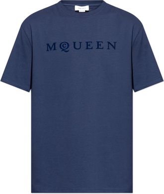 Alexander McQueen Alexander McQueen, T-Shirts, male, Blue, Size: XL T-shirt with a velvet-finish logo