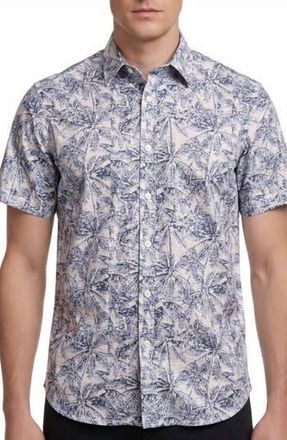 Report Collection Tropical Print Short Sleeve Linen & Cotton Button-Up Shirt in White at Nordstrom Rack, Size Xx-Large
