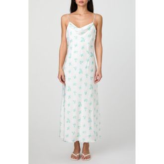 French Connection Anna Fleur Cowl Neck Satin Maxi Slipdress in Sum Wht Past Turq Mu at Nordstrom, Size 10