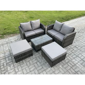 Fimous Rattan Garden Furniture Set 6 Seater Patio Outdoor Lounge Sofa Set with Rectangular Coffee Table 2 Big Footstool Dark Grey Mixed - Fimous