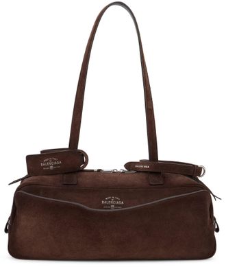 Balenciaga Womens Bowling Bag Carrie Suede Brown Calfskin Handbags Hand