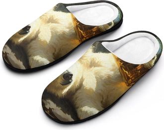 Generic White Bear Lying Drinking Whiskey Slippers Men Winter Warm Cotton Anti-Slip Indoor Slip-Ons House Shoes