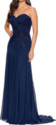 Cameron Blake Strapless Ruched A-Line Evening Gown In Navy