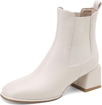 Generic Womens Chelsea Ankle Boots Square Toe Elastic Side Panels Chunky Block Heels Pull Tab Smooth Upper Soft Lining Cushioned Insole Durable Outsole,Beige,