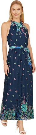 Yumi Navy Mirror Floral Print Maxi Halter Neck Dress (UK, Numeric, 16, Regular, Regular, Navy)