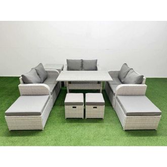 Fimous Pe Rattan Lounge Sofa Set 10 Seater Outdoor Garden Furniture Set with Dining Table Love Sofa 2 Big Footstools 2 Small Stool 2 Side Tables Light Grey