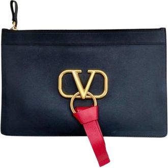 Valentino Garavani Valentino Black Leather V-Logo Clutch