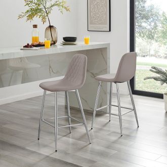 Furniturebox Corona Set of 2 Counter Stools - Faux Leather Counter Stools With Silver Legs - Kitchen Island Stool in Beige
