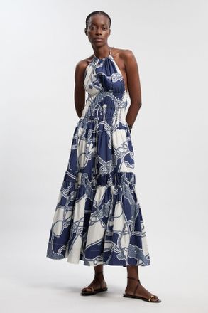 Karen Millen Womens Shirred Cotton Tiered Chain Print Halter Neck Woven Maxi Dress - Blue - Size 16 UK