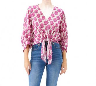 Karen Kane Blouson Sleeve Tie-Front Top In Print
