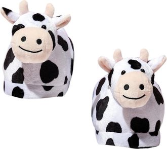 Vosarea Warm Cotton Cartoon Cow Slippers with Sturdy Anti-slip Sole, Fluffy Indoor Winter Footwear for Girls and Women, Black and White