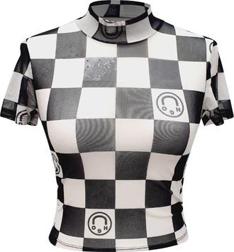 HUGO BOSS HUGO Dalorra Checkered Print Mesh Crop Top in Multicolor Polyester
