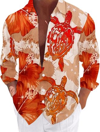 Generic DENGJIAMY Mens Hawaiian Shirt Casual Sea Turtles Long Sleeve Beach Vacation Flower Button Down Shirts Summer Plus Size Tops Mens Graphic Shirts (Orang