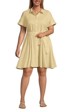 Lands End Linen Blend Button Front Dress with Godets in Pale Sunbeam Yellow at Nordstrom, Size 1X