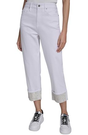 Karl Lagerfeld Rhinestone Cuff Ankle Straight Leg Jeans in White Denim at Nordstrom, Size 10