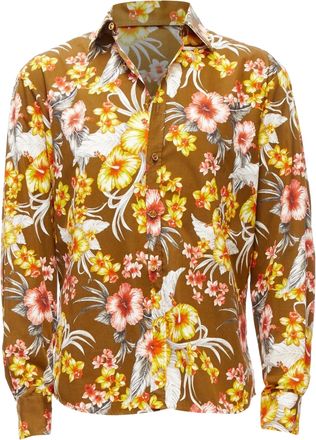 FAUSTO PUGLISI yellow tropical floral print cotton gold button shirt EU48 M
