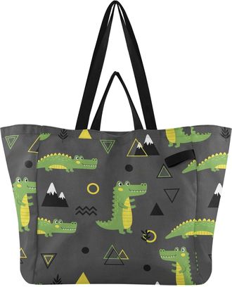 Generic Crocodile Gray print Reusable Canvas Tote Bag, Heavy Duty Grocery Shopping Bag with Double Handles Hard Bottom Large Capacity Work Groceries Travel