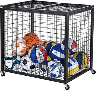 Relaxdays Relaxdays Carrito Para Balones Negro, 4 Ruedas Con Freno, 81,5x85x66 Cm, Con Cerradura, Jaula F&uacute;tbol/baloncesto