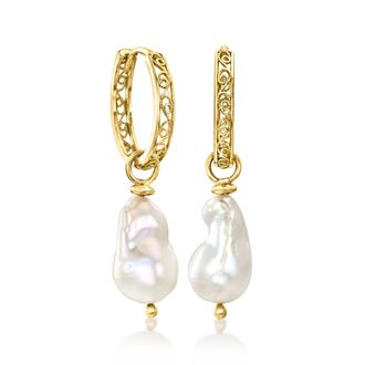Ross-Simons 18kt Gold Over Sterling Openwork Hoop Earrings With Removable 8-9mm Cultured Baroque Pearl Drops