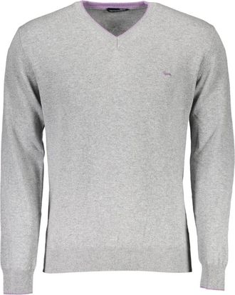 Harmont & Blaine Grijze Wollen Trui met V-Hals en Geborduurd Logo - Heren - V-hals truien - Grijs - 2XL - Wol - Truien & Vesten