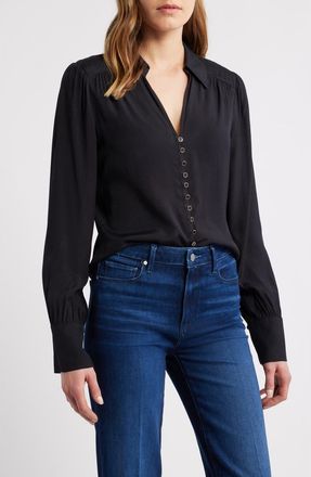 Paige Camu Jacquard Button-Up Shirt in Black at Nordstrom, Size 00