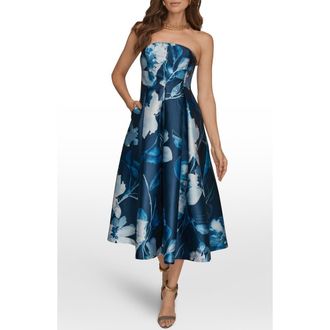 DKNY Floral Print Fit & Flare Party Dress in Nightfall/Washed Indigo Multi at Nordstrom, Size 14