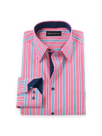 Paul Fredrick Non-iron Cotton Stripe Dress Shirt With Contrast Trim
