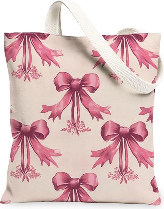 Generic Vintage Elegant Peach Bows Canvas Tote Bags, Reusable Grocery Bags, Lightweight Washable Shoulder Strap Tote for Holiday Shopping, Beach Travel, Picni