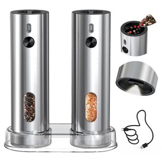 OEM Juego De Molinillos El&eacute;ctricos Recargables De Sal Y Pimienta Con Soporte De Almacenamiento, Molienda Ajustable, Capacidad De 110 Ml Y Luz Led Blanca, 