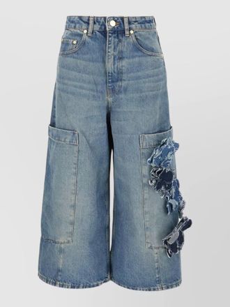 Ganni denim shorts distressed raw hem belt loops