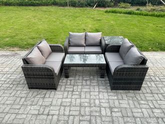 Fimous Rattan Garden Furniture Set 6 Seater Indoor Outdoor Patio Sofa Set with Coffee Table Loveseat Sofa Side Table Dark Grey Mixed